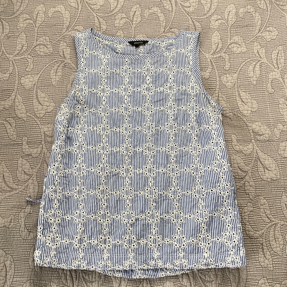 RW&CO. Blue and White Striped Lace Overlay Tank Top